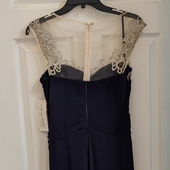 One by Eight |Navy Rhinestone Mesh Ruched Floor Length Gown Sz 4 - Picture 5 of 7